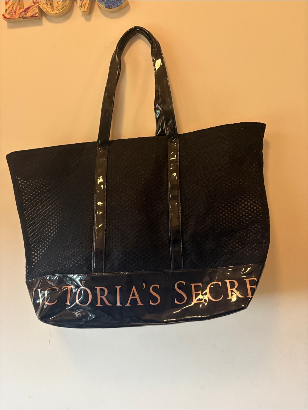 Victoria's Secret Black Mesh Tote with Glossy Trim and Rose Gold Logo